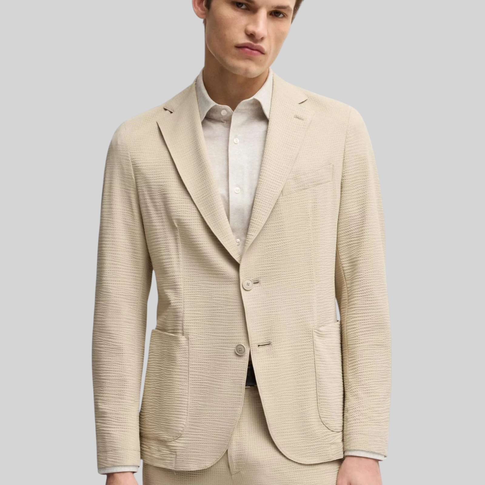 BOSS Slim-fit suit jacket in stretch seersucker