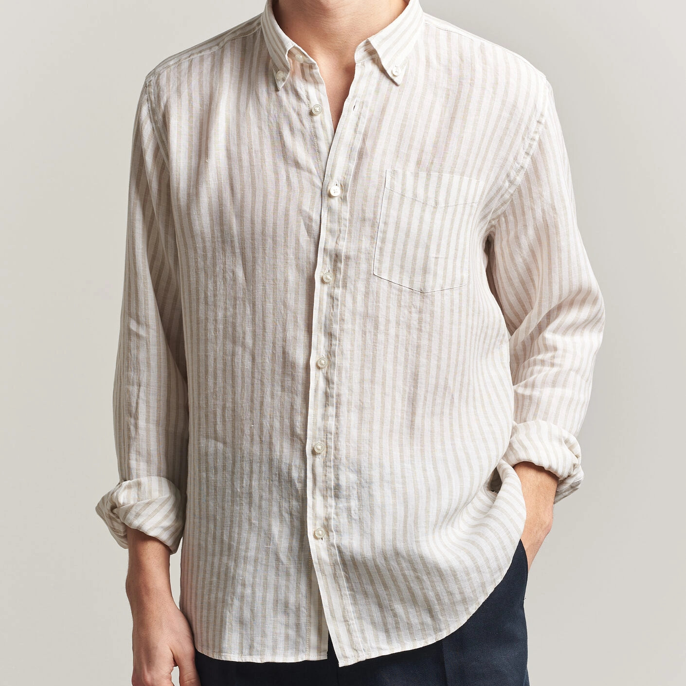Regular-fit button-down shirt in striped linen