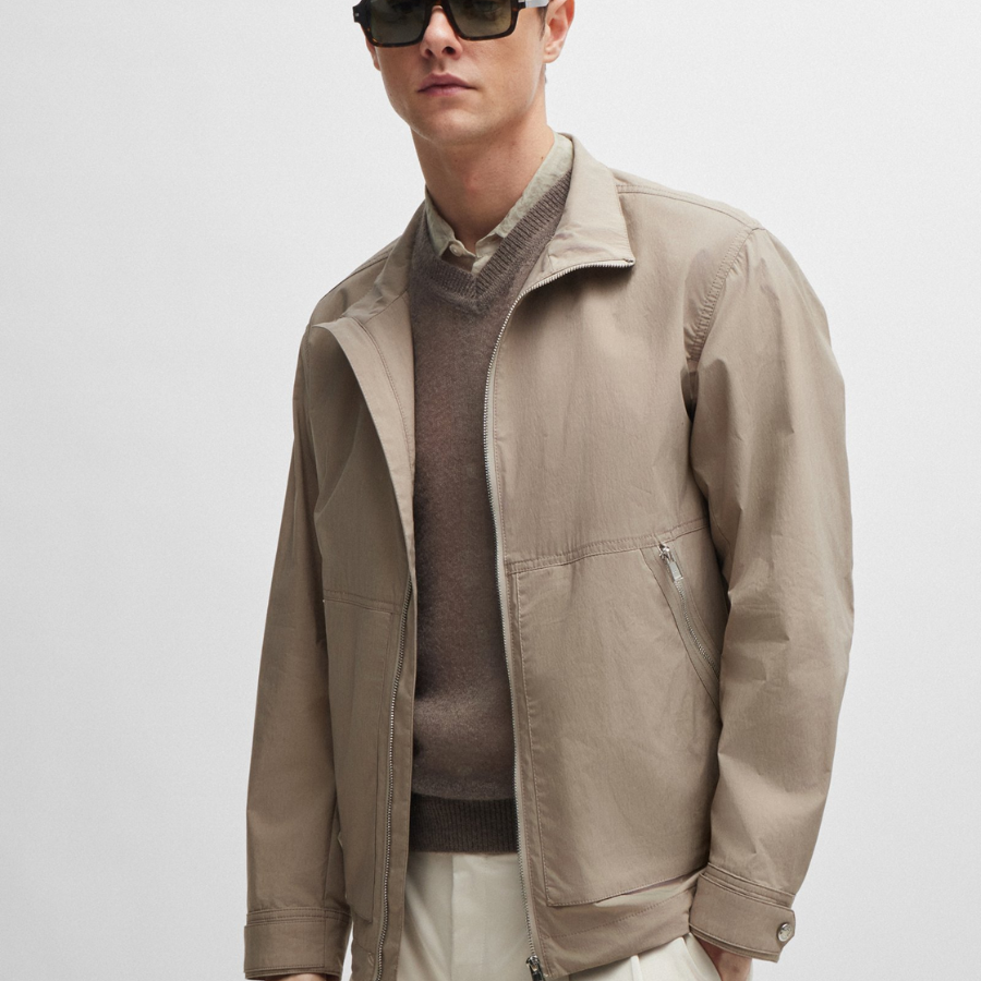 BOSS Water-Repellent Zip-Up Jacket In A Cotton Blend