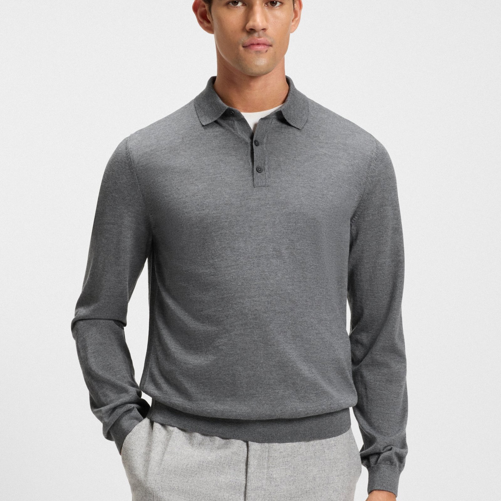 BOSS Long-sleeved knit polo sweater in Italian virgin wool