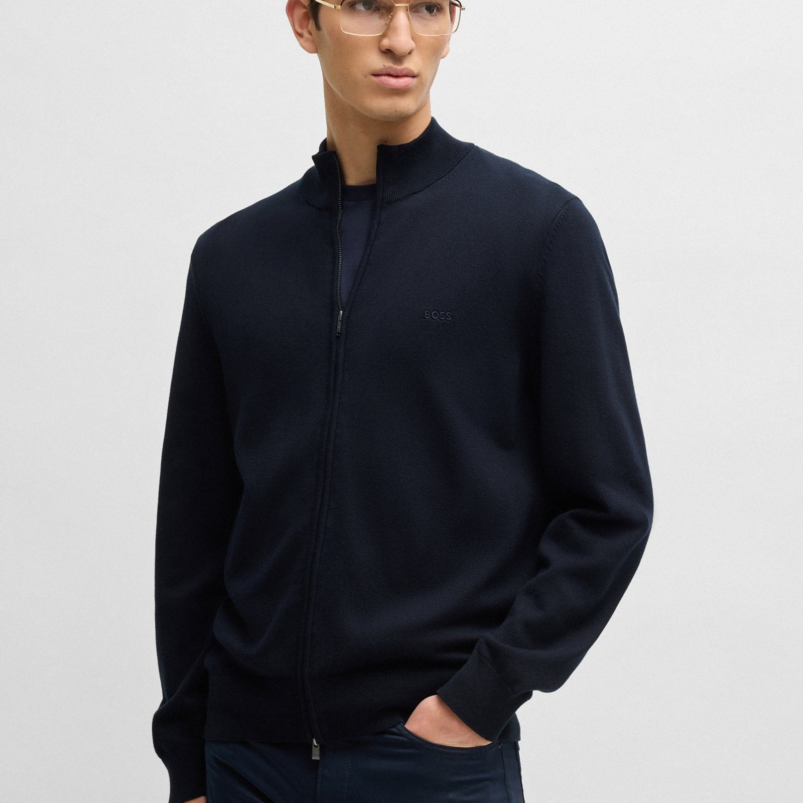 BOSS Men's Knitted Zip-Up Jumper in Cotton