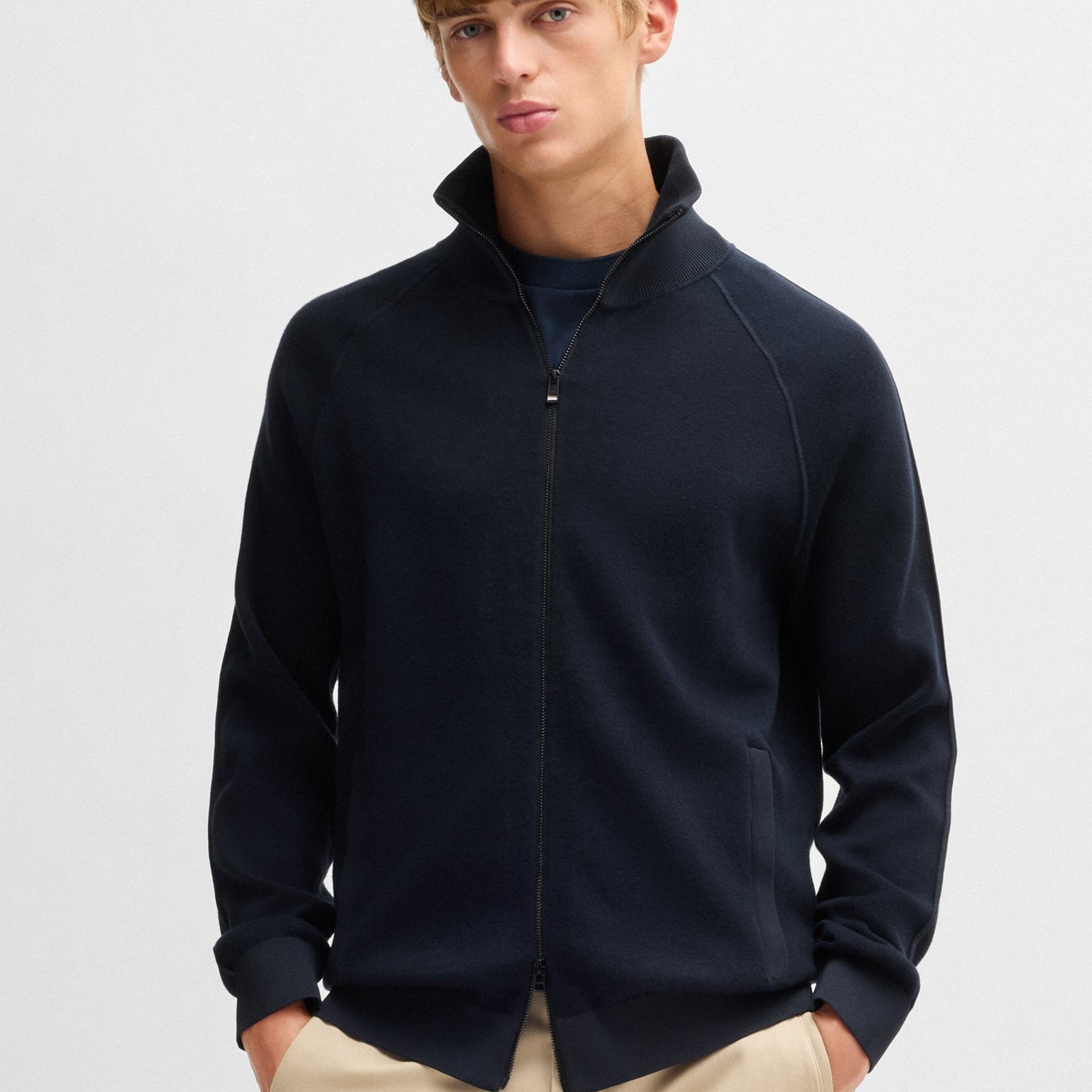 BOSS Zip-Up Cardigan in Cotton and Virgin Wool