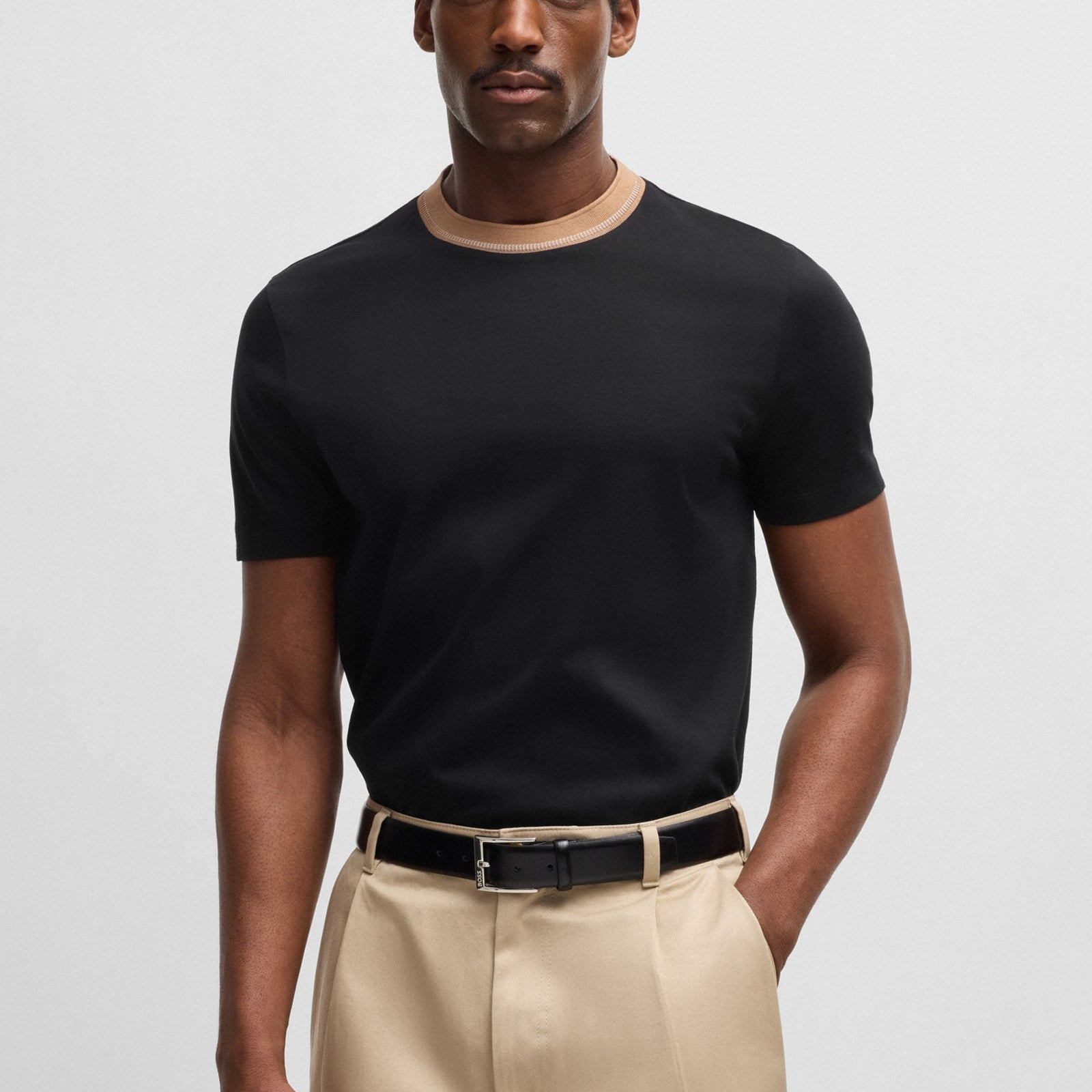 BOSS Mercerised-cotton slim-fit T-shirt with collar stripe