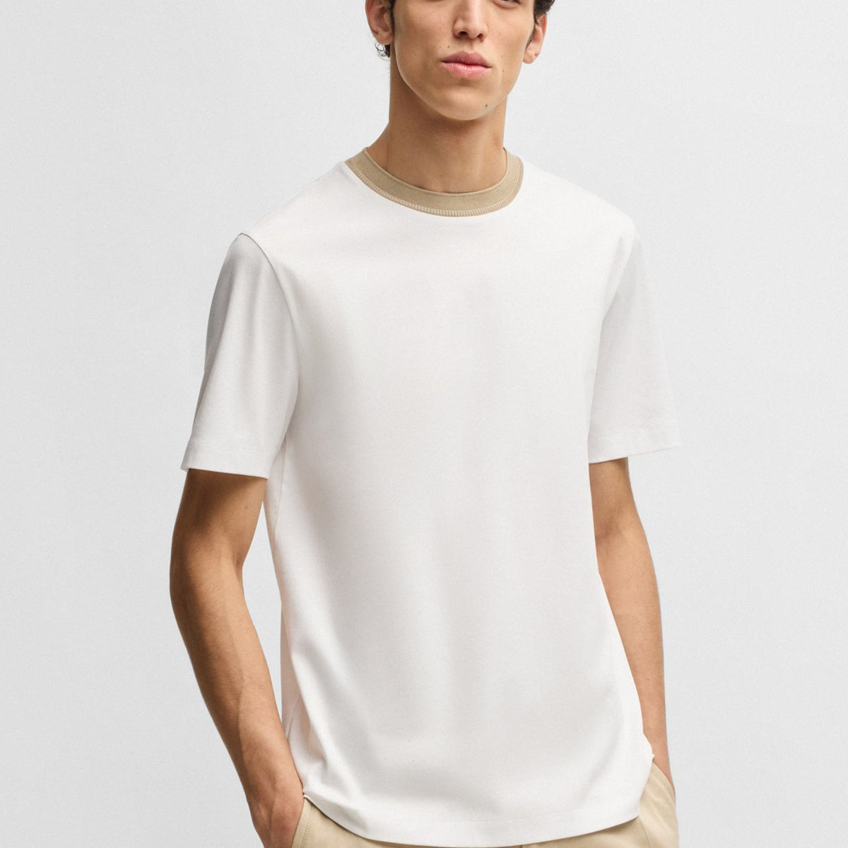 BOSS Mercerised-cotton slim-fit T-shirt with collar stripe