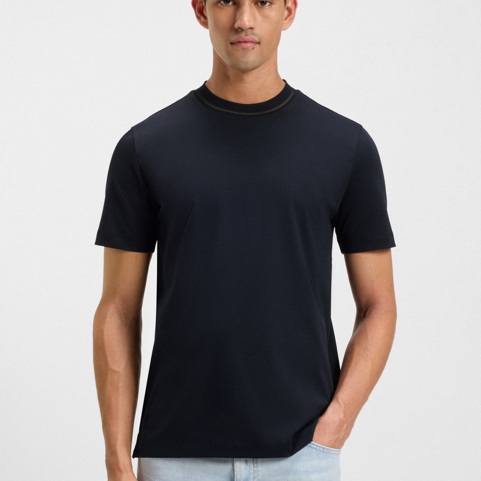 BOSS Mercerised-cotton slim-fit T-shirt with collar stripe