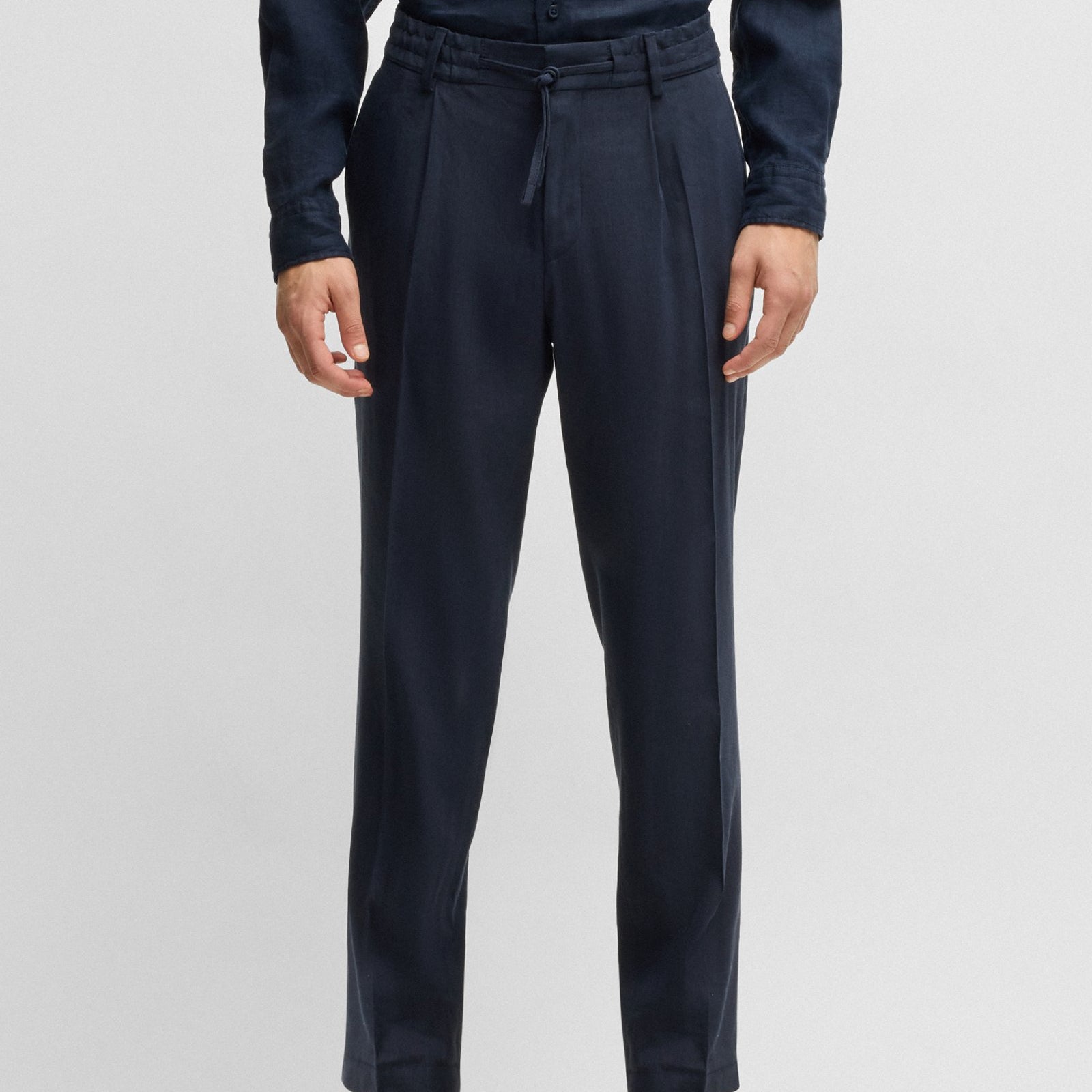 BOSS Tapered-fit machine-washable tailored trousers in a linen blend
