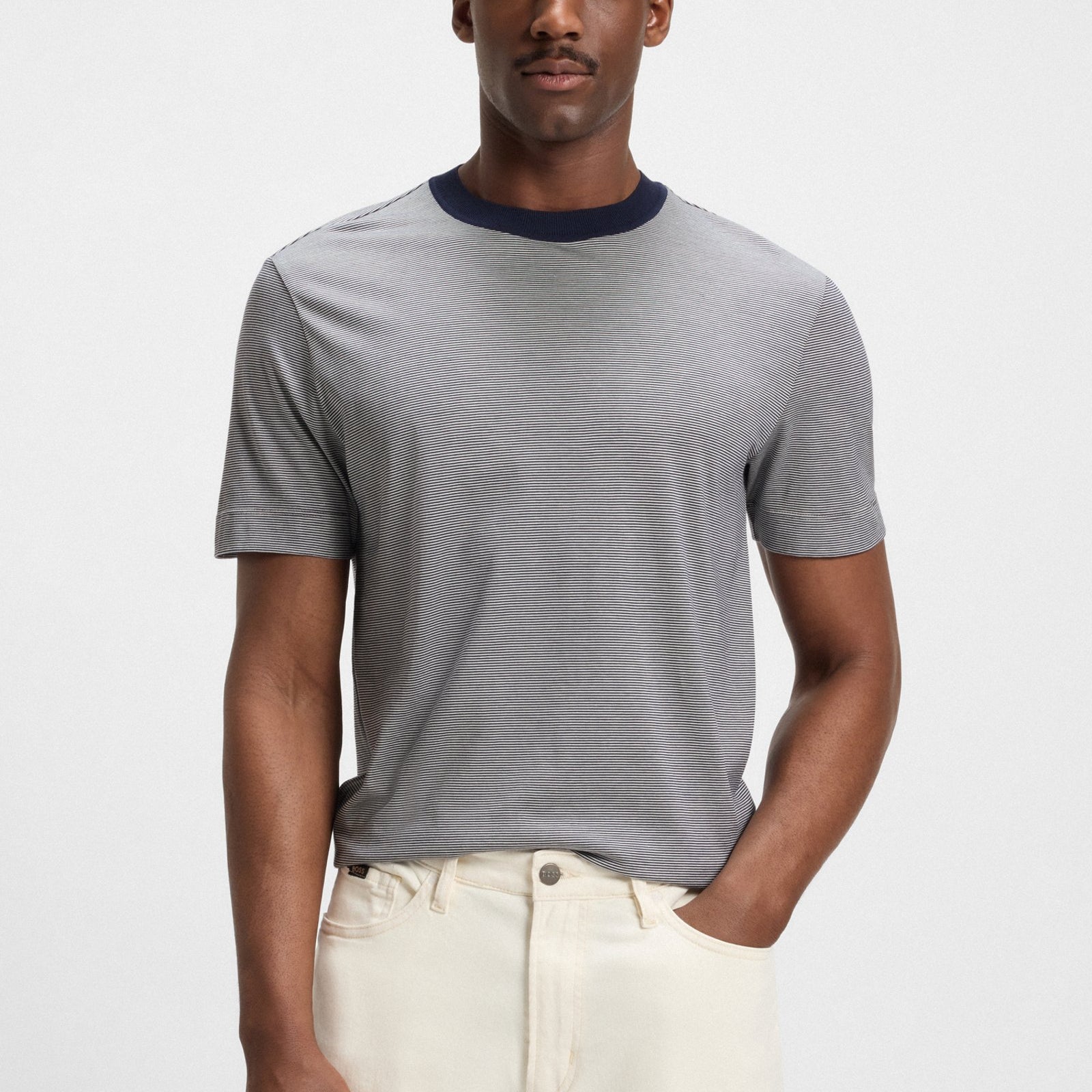 BOSS Cotton-silk T-shirt with fineline stripes