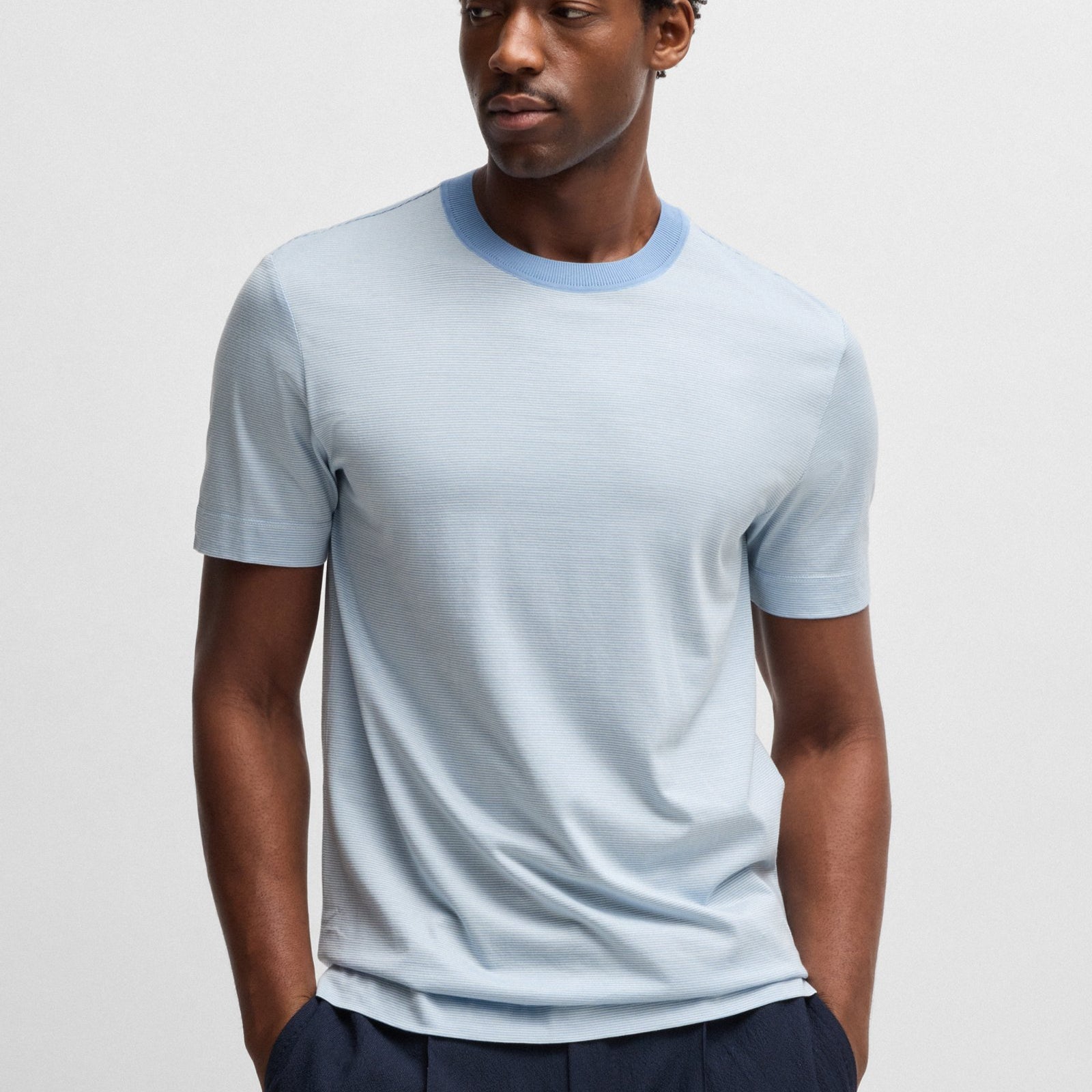BOSS Cotton-silk T-shirt with fineline stripes