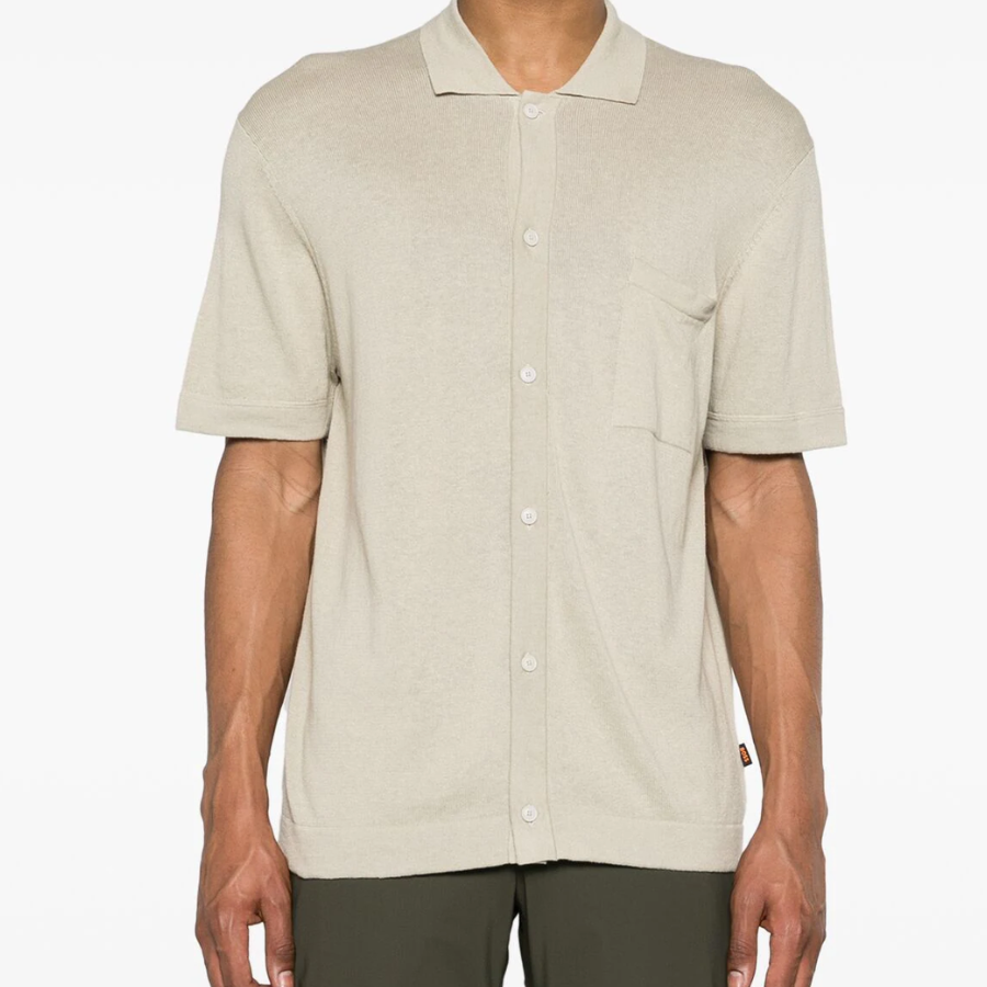 Boss Button Up Cotton Linen Blend Polo Shirt