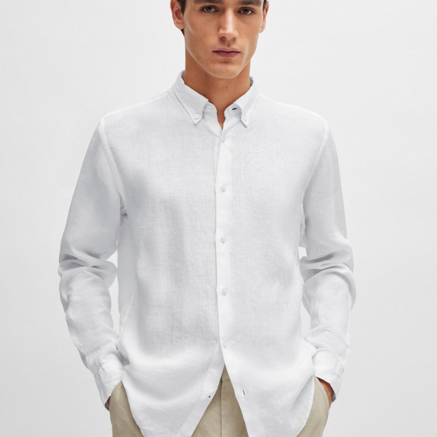 Boss Long-Length Regular-Fit Button-Down Shirt In Linen