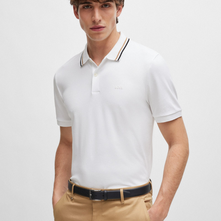 BOSS Slim-Fit Polo Shirt In Cotton With Striped Collar