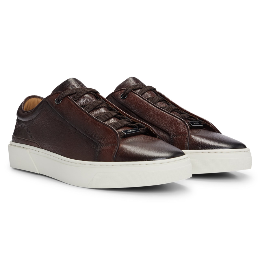 BOSS Gary Grained-Leather Trainers With Logo Lace Loop